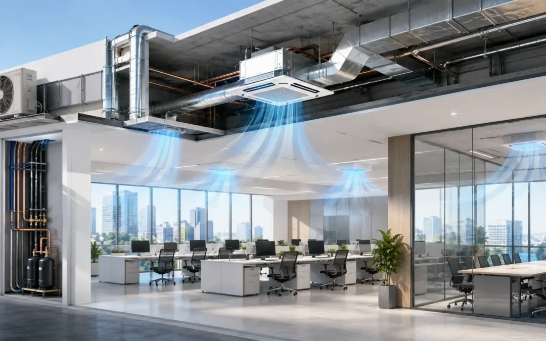 Klimatyzacja do biura w Krakowie – kaseton sufitowy i system chłodzenia w open space, KK Klima